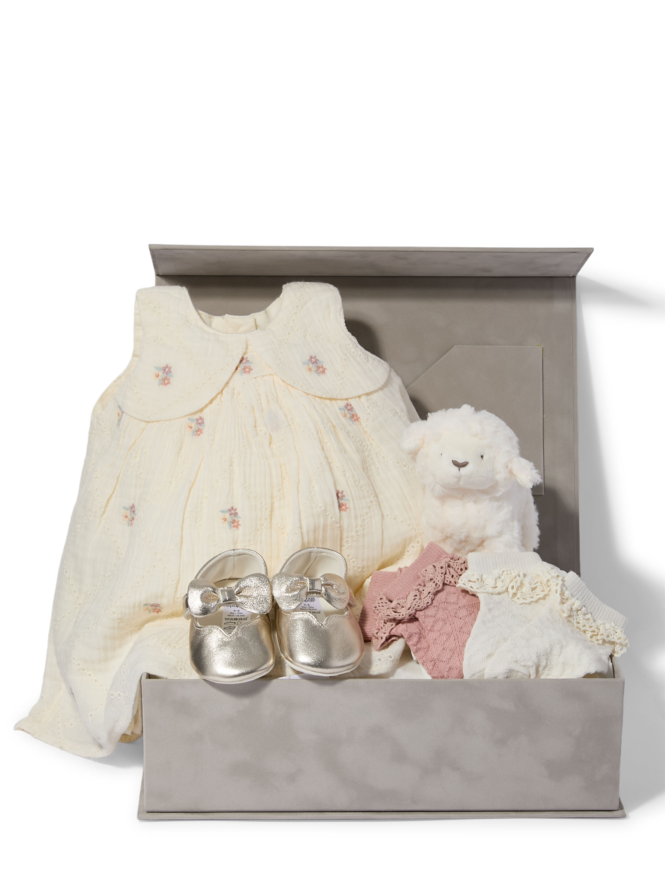 Bow Embroidered Dress - 5 Piece Gift Set with Bow Pram Shoes and Lamb Chime Toy image number 1